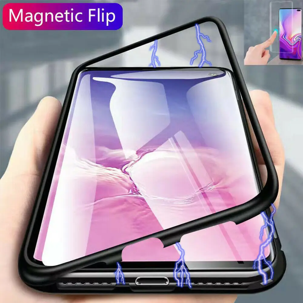 

For Samsung Galaxy S10 Plus Case Magnetic Adsorption Metal Cover Tempered Glass Cover Luxurious Transparent Skins
