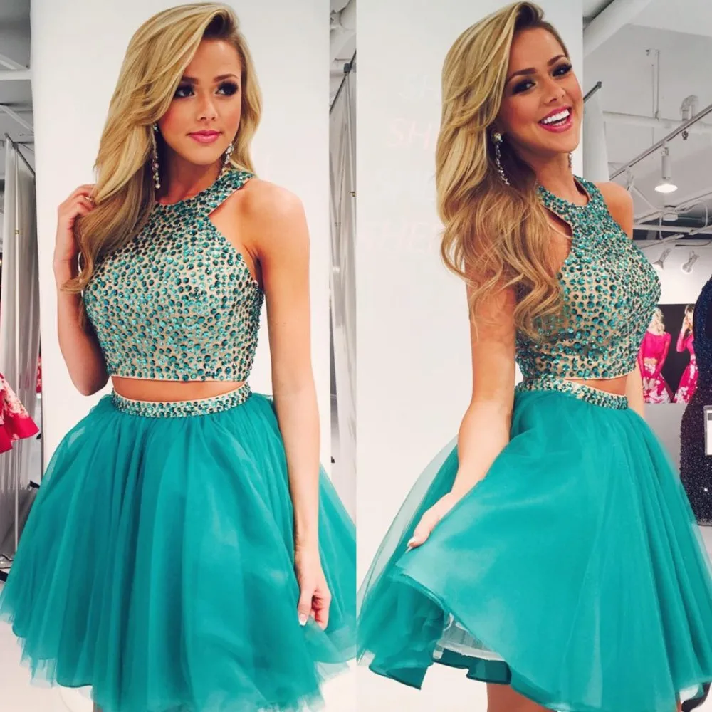 

Vestido De Formatura Curto Short Turquoise Prom Dresses With Beaded Sequined A Line Two/2 Piece Tulle O Neck Women Party Gowns