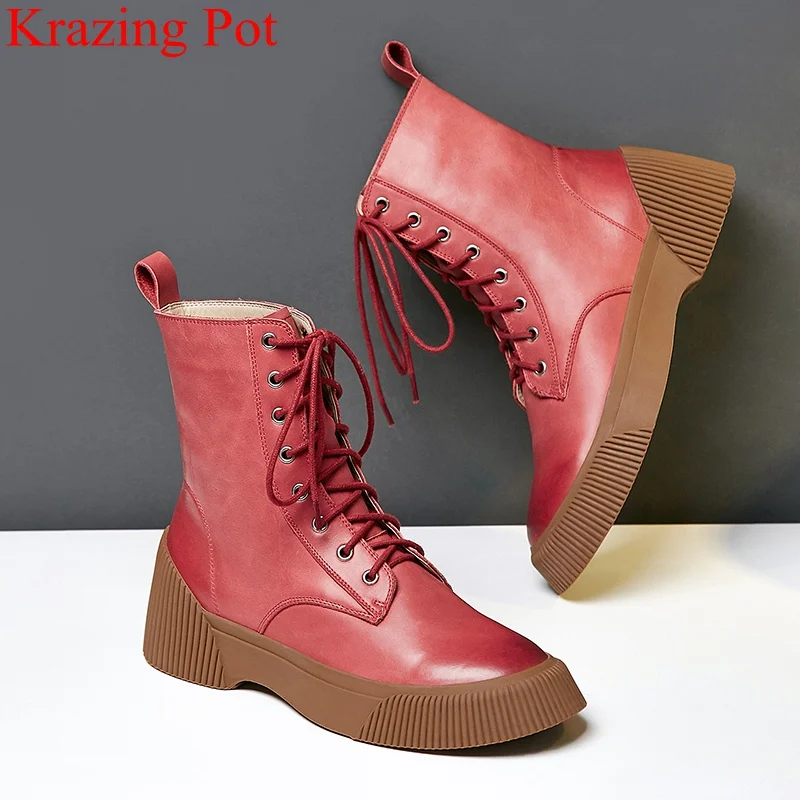 Krazing Pot/; Модные женские ботильоны из натуральной кожи на платформе и среднем каблуке с круглым носком; Офисная Женская теплая зимняя обувь; L2f2