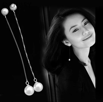 

925 Sterling Silver Earrings Pearl Balls Long Tassel Chain Stud Earrings boucle d'oreille For Women S-E02