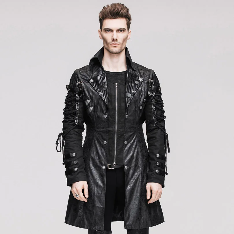 

Devil Fashion Punk Faux Leather Men's Military Uniform Long Jackets Steampunk Gothic Black Red Autumn Winter Coats Outerwears