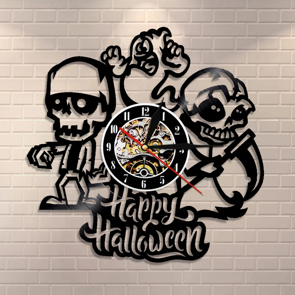 1 шт Happy Halloween Виниловая пластинка настенные часы черепа LED Освещение настенный светильник Винтаж LP настенные Книги по искусству Домашний