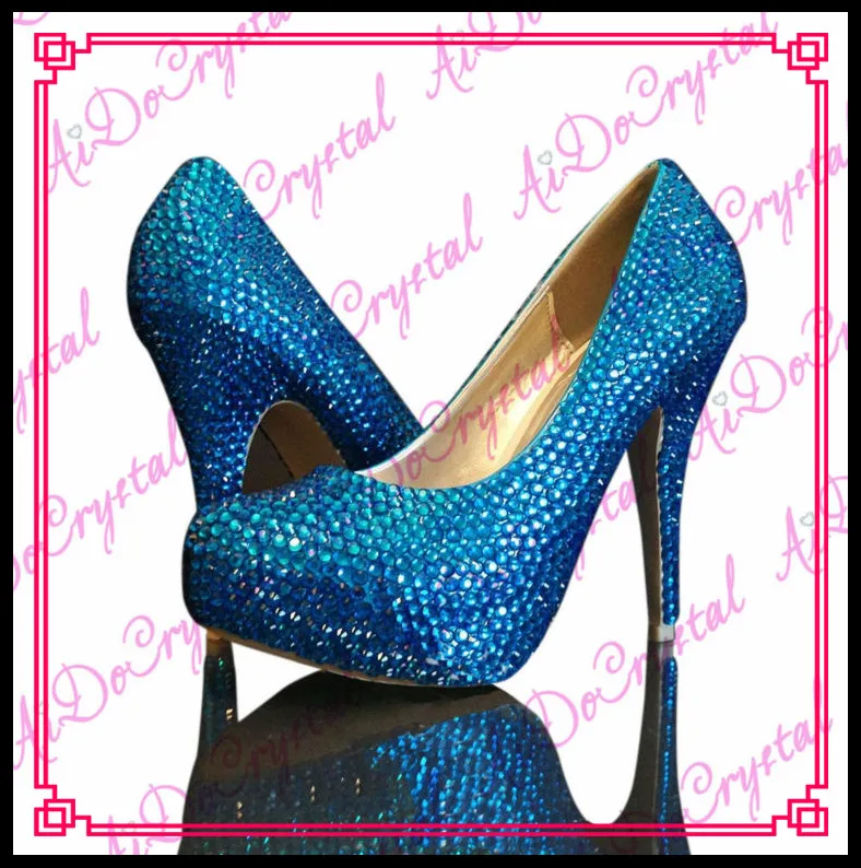 Aidocrystal Handmade 2016 New Fashion Sexy Women Blue Rhinestone Wedding Shoes Platform Pumps High Heels Crystal Shoes