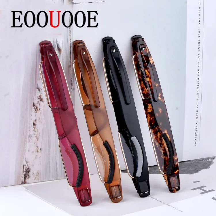 

EOOUOOE Small 360 Rotation Design Glasses Frame Wen Women Metal TR90 Rotate Pen hook Power Folding Reading Glasses With Bag