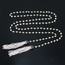 Изысканное длинное жемчужное ожерелье, двойное натуральное пресноводное жемчужное ожерелье с кисточками, длинное ожерелье-свитер ручной работы, ожерелье из бисера для женщин