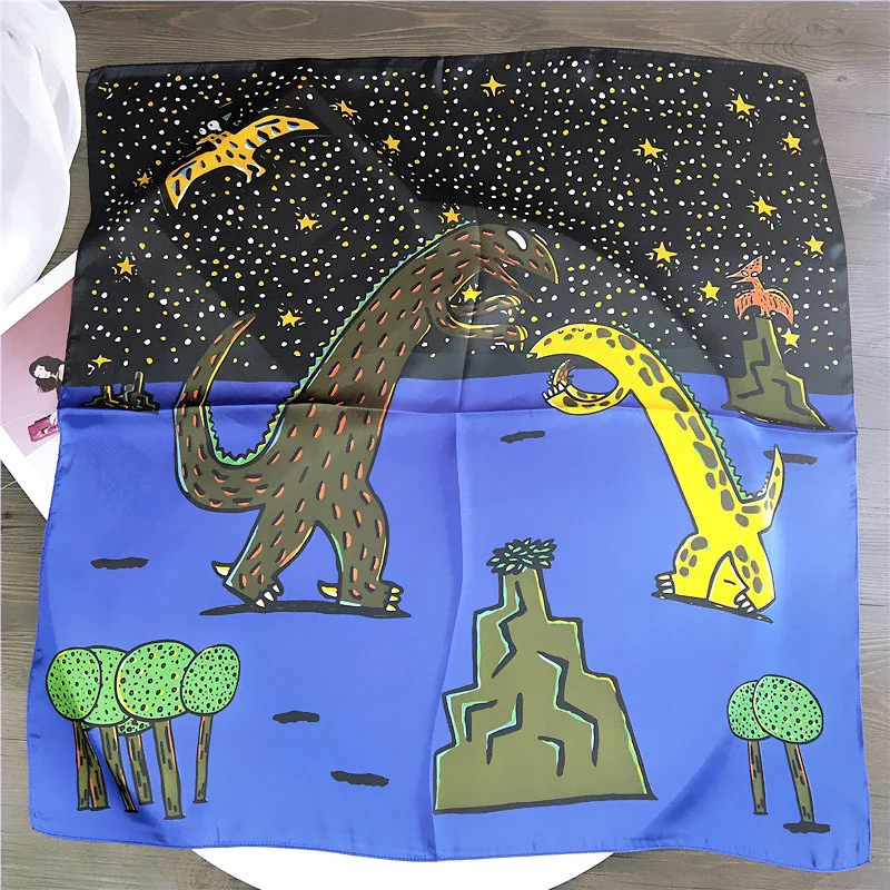 

Scarves For Women Funny Cartoon Dinosaur Print Silk Satin Scarf Female Square Head Hijab Shawl Scarfs For Ladies 70cmx70cm