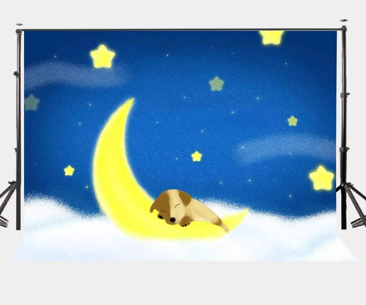 

150x220cm Cartoon Fairy Tale Backdrop Blue Midnight Yellow Moon and Stars Sleeping Dog Photography Background