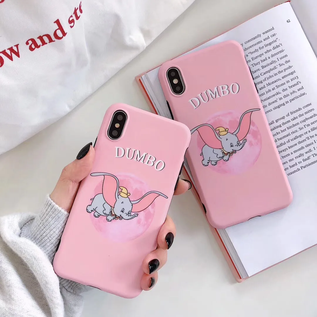 

Cute cartoon Disneys pink fly Elephant moon phone case For iphone Xs MAX XR X 6 6s 7 8 plus simple dumbo silicone Back cover