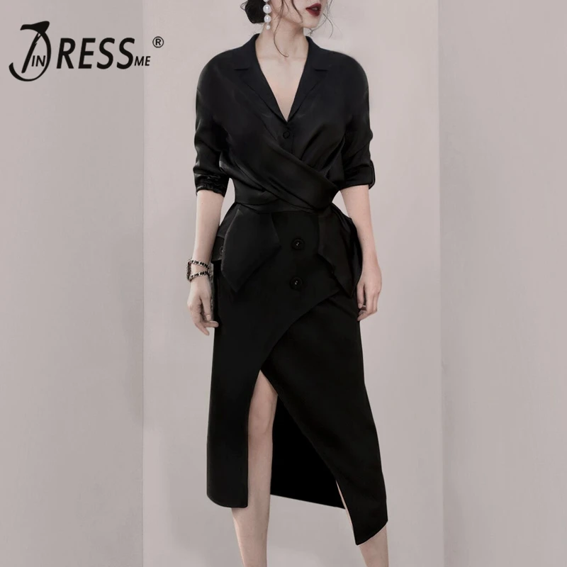 

INDRESSME 2019 New Sexy V Neck Notched Half Sleeves Top With Sashes Asymmetrical Hemline Skirts Two-piece Set Party Women Set