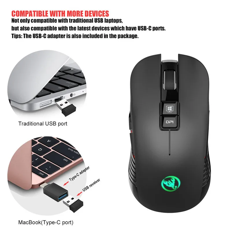 CARPRIE 1 шт. эргономичная 2,4 ГГц Беспроводная игровая мышь Бесшумная мышь 3600 dpi перезаряжаемая беззвучная мышка USB C адаптер+ usb-приемник 90422