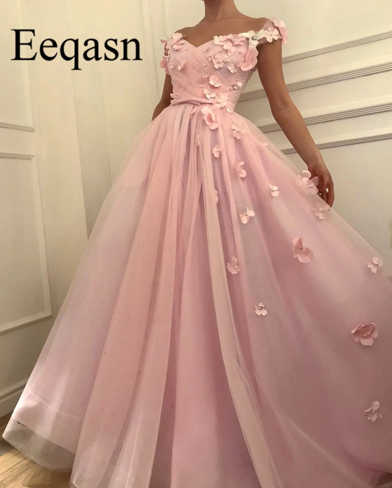 

Pink Pearls Prom Dresses with 3D Flowers V Neck Elegant A-line Off Shoulder Long Evening Party Gowns vestido de festa