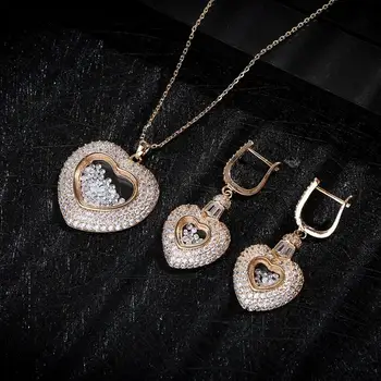 

NEW Luxury Heart Pendant Lover's Cubic Zircon CZ For Women Wedding Dubai Gold Bridal Jewelry Sets D1256
