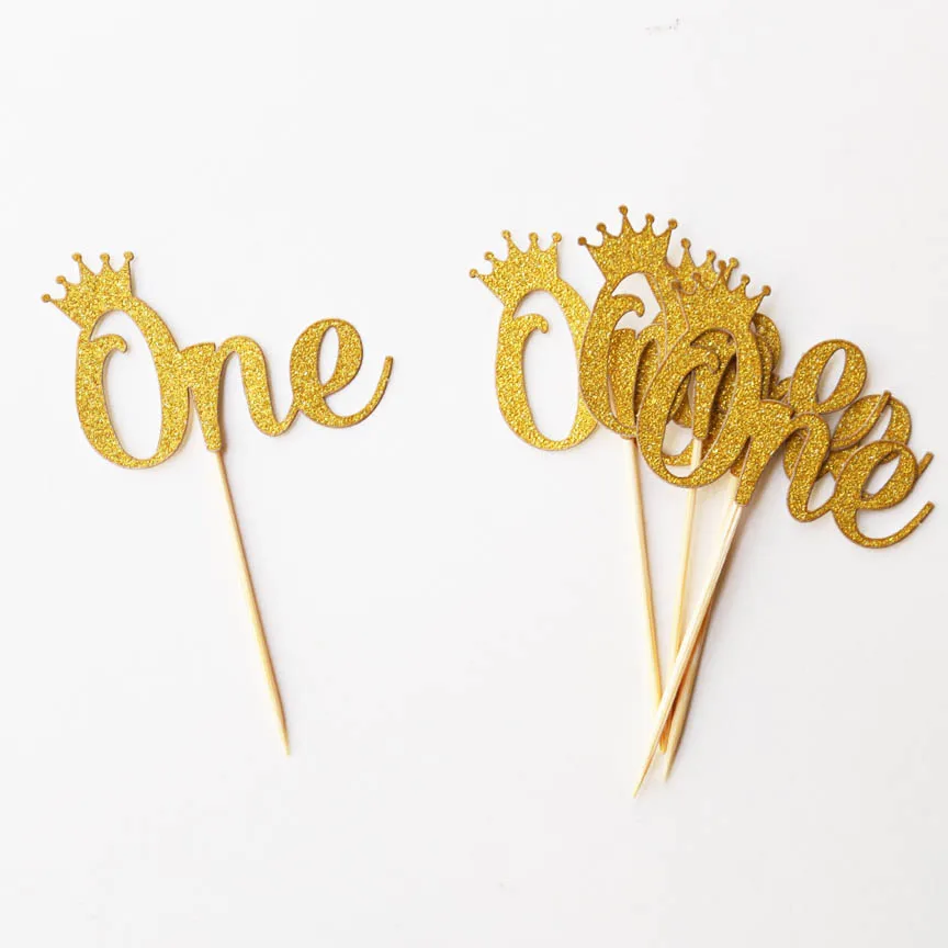 

ONE cupcake Topper with crown,st Birthday Party, Royal Little Prince Princess First Birthday, Gold glitter cupcake topper,
