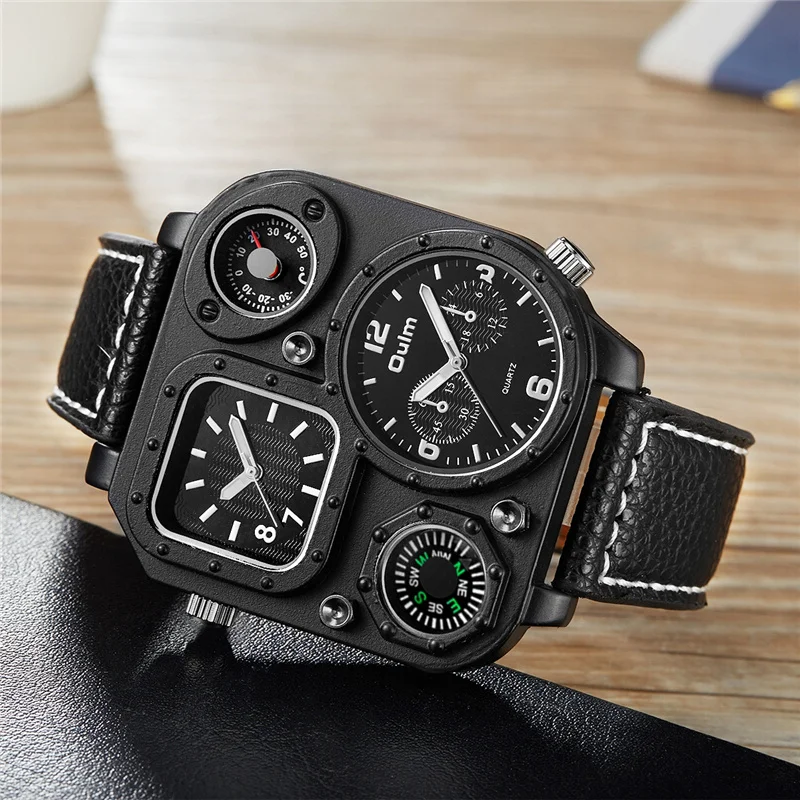  Oulm Sports Men's Watches Compass and Thermometer for Decoration Big Size PU Leather Military Wrist