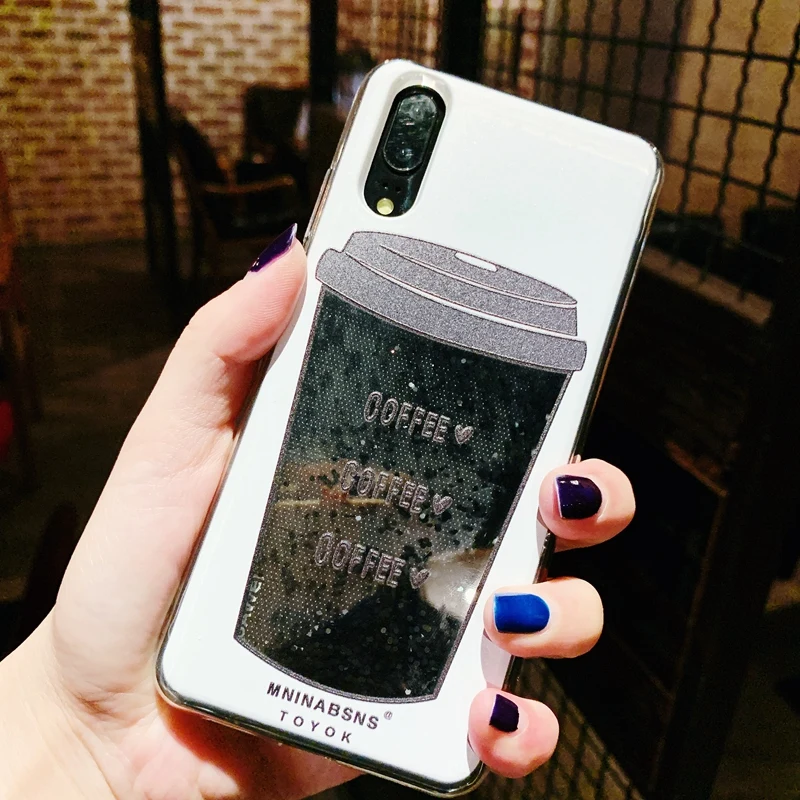 

Fahion Dynamic Quicksand Liquid Coffee Cup Pattern Cases For Huawei P30 P20 Lite Pro Mate 10 20 Lite Glitter Black Powder Funda