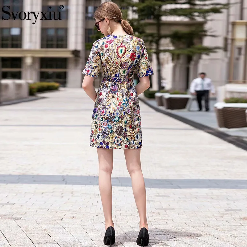 Svoryxiu Runway luxury Crystal Diamond Vintage Dress Women's Fashion Short Sleeve Printed Summer Party Mini Dress Vestdios