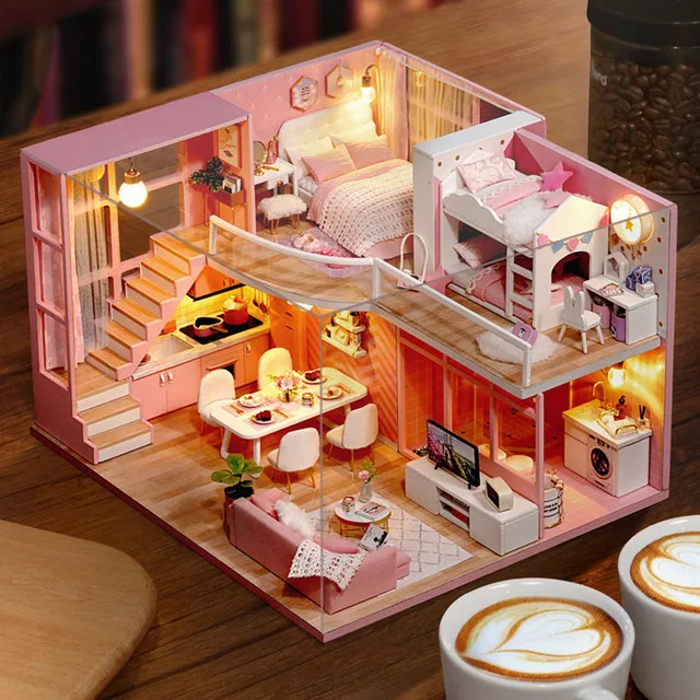 

Diy Wooden House for Dolls Miniature Home Room Model Doll House Furniture Accessories Toy for Birthday Gifts without tools