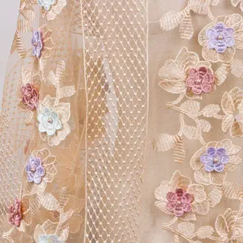 

High Quality Imported Wholesale 100%Polyester African flowers Tulle Lace French Net Beads Lace Fabric For Wedding Champagne
