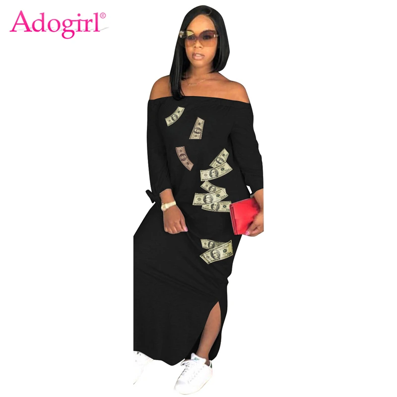 Платье макси с принтом Money Doll Adogirl повседневное длинное платье вырезом на плечах