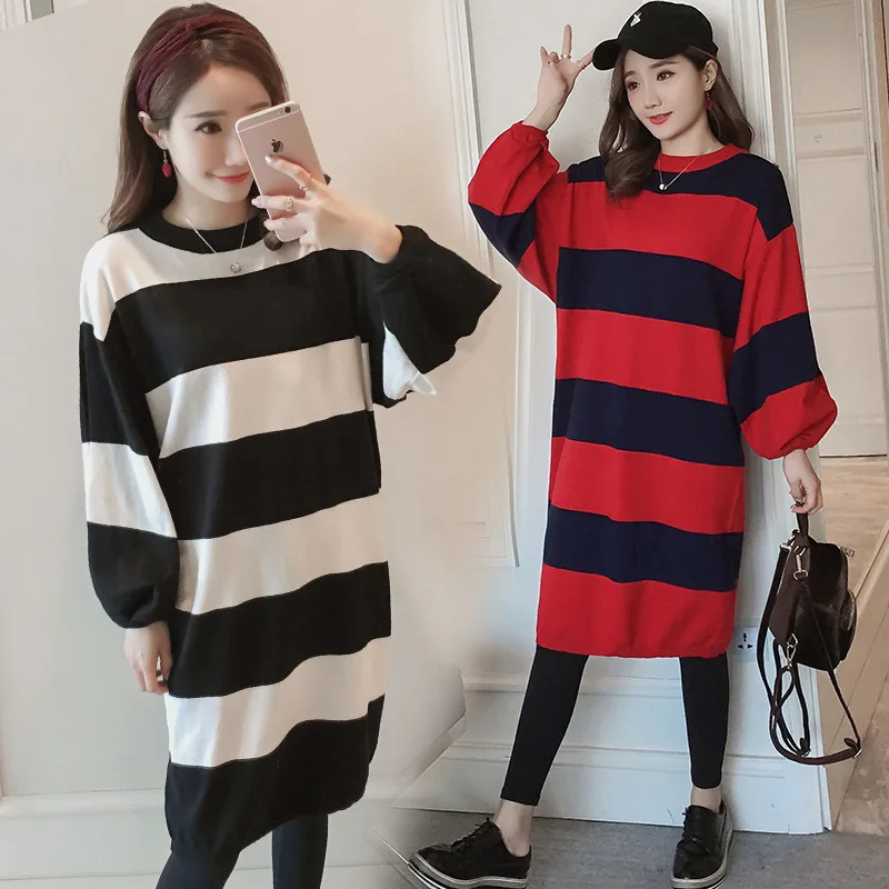 

BONJEAN New Arrival Maternity Dress Fashion Autumn Winter Long Pregnant Dress Striped Boat Neck Dress For Pregnant Women