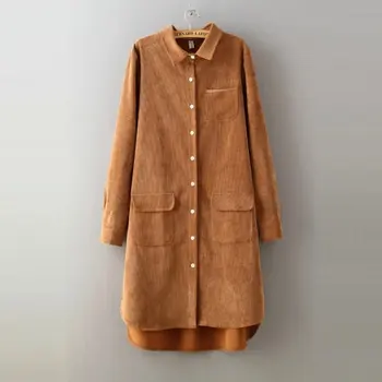 

Vintage Long Sleeve Shirts Corduroy Spring and autumn Women Solid long Style Blouse blouses Tops