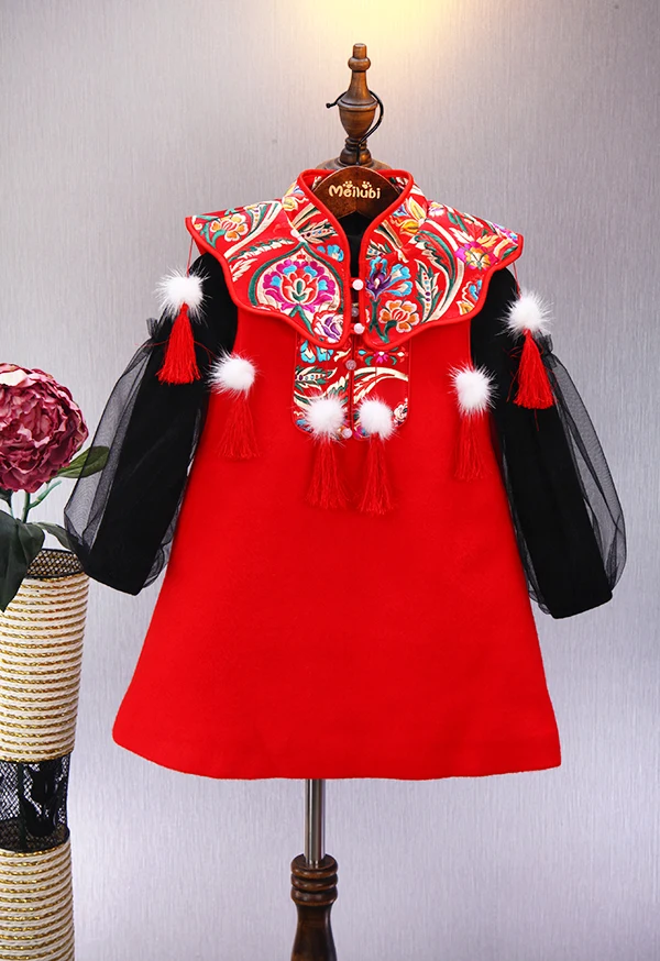 Платье для девочек в китайском стиле красного цвета с цветочным узором; платье для девочек; кружевное платье для первого причастия