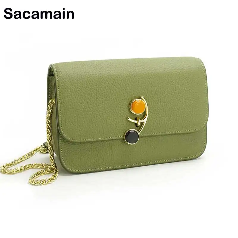 

Sacamain Brand Vintage Chains Women Bag Genuine Leather Women Messenger Bags Cowhide Crossbody Bag Female Fashion Shoulder Bags