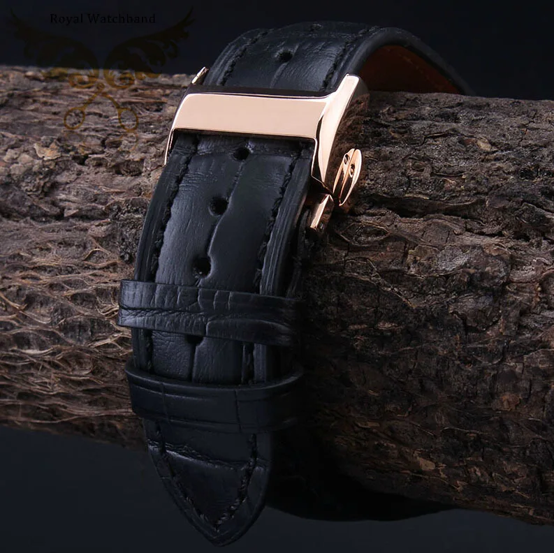 

Newest 18mm 19mm 20mm 21mm 22mm Rose Gold Butterfly Buckle Black Genuine Leather Watch Band Bracelet Strap With 3pcs Spring Bar