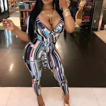 

Women Sexy Deep V-Neck Short Sleeve Pencil Jumpsuit 2019 Summer Boho Printed Party Romper Long Playsuit Overalls