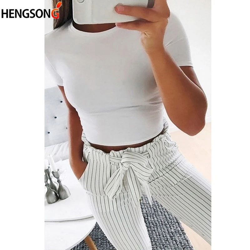 

Summer Women Fashion Crop Top Shirt Solid Color O-Neck Short Sleeve T-shirt Casual Tees Basic Black White