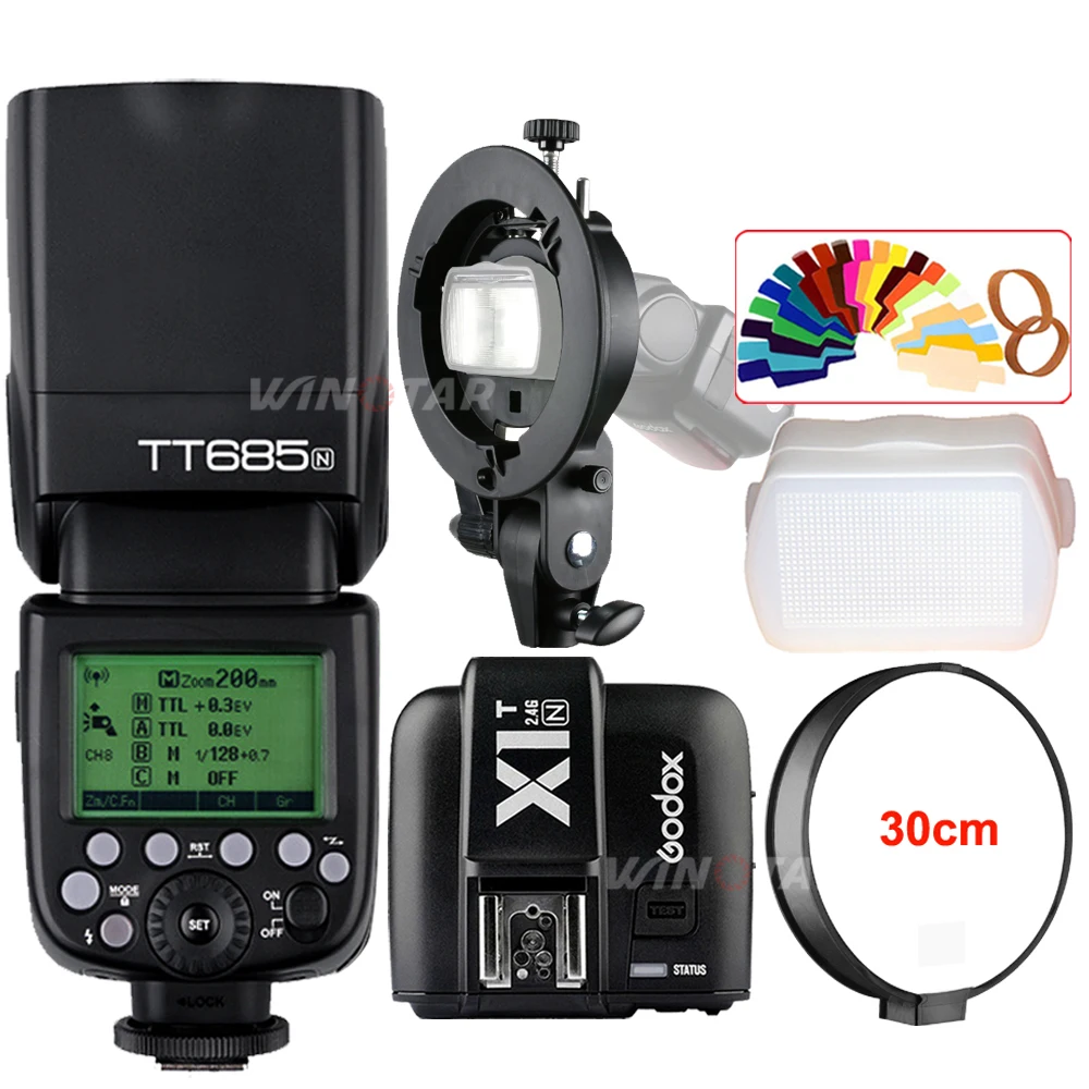 Godox TT685N 2.4G Wireless HSS 1/8000s TTL Camera Flash Speedlite + X1T-N Trigger + Bowens S-Type Bracket for Nikon DSLR Cameras Godox TT685N 2.4G Wireless HSS 1/8000s TTL Camera Flash Speedlite + X1T-N Trigger + Bowens S-Type Bracket for Nikon DSLR Cameras
