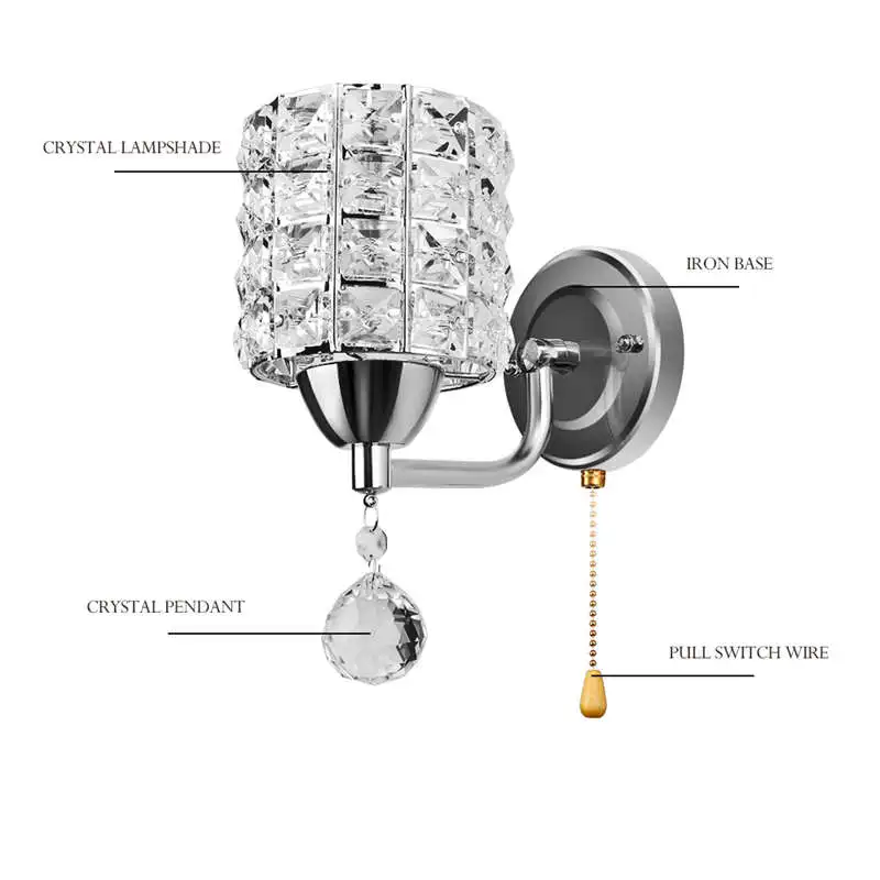 Современный настенный светильник цилиндрический кристалл держатель с подвеской и выключателем Ac 85-250V E14 розетка настенная лампа