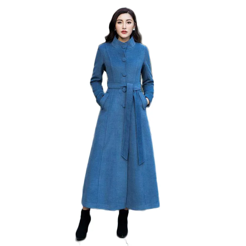 blue Осенне-зимнее женское шерстяное пальто, женские толстые теплые кашемировые шерстяные куртки, Дамская верхняя одежда с регулируемым поясом, удлиненная верхняя одежда M156 - Цвет: blue