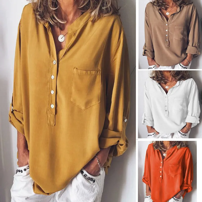 

Loose V-neck Long Sleeve Button Women Shirt Solid Pocket Casual Female Blouses 2019 Spring Summer Fashion Lady Tops Clothes