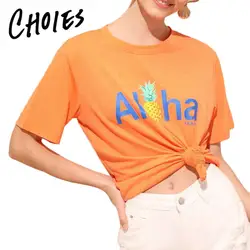 Корейский стиль оранжевый шеи экипажа письмо и футболка с ананасом Для женщин хлопок Повседневное короткий рукав женские футболки