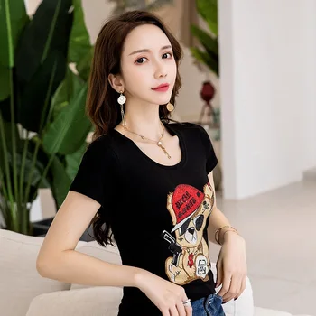 

Europe New Women Summer High Street Fashion 3D Cartoon Rhinestone Printing T Shirt Tops Ladies Sexy Slim Plus Size Shirts Tees