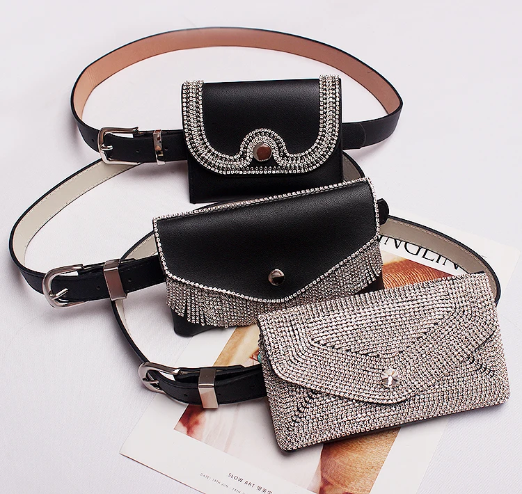 

Glitter Full Diamond Waist Bag New Fashion Dark Buckle Pu Leather Belt Pockets Belt Ladies Dual-use Three Optional Tide Bag 729