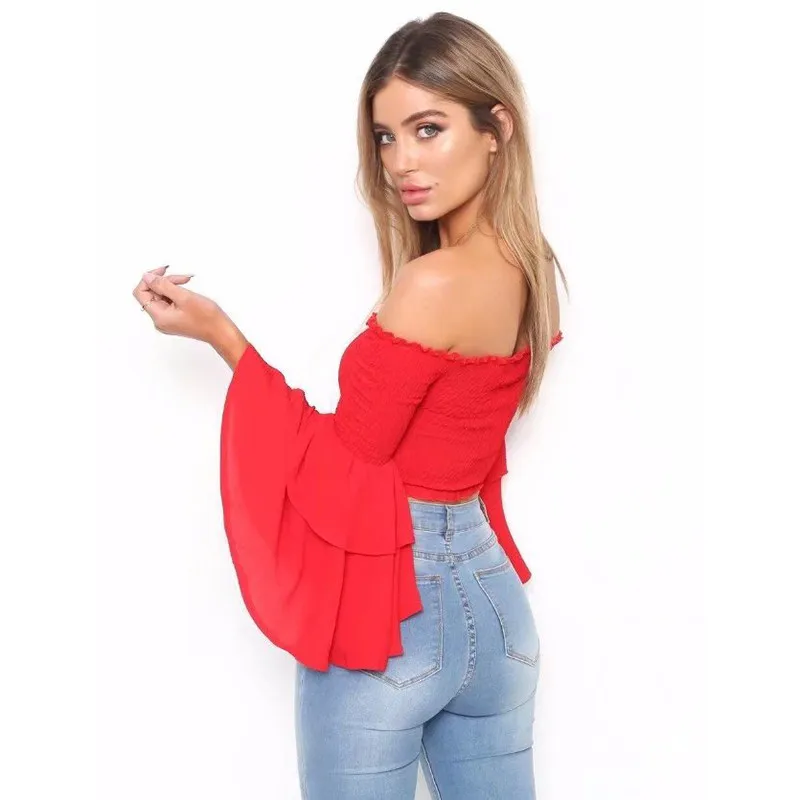 yinlinhe Yellow Off Shoulder Summer Tops Long Flare Sleeve Elasticity Sexy Crops Tops Women Backless Slash Neck Clothes 4