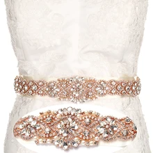 YANSTAR Bridal Rhinestone Wedding Belts Rose Gold Crystal Iron On Ribbons With Box For Bridal Gowns