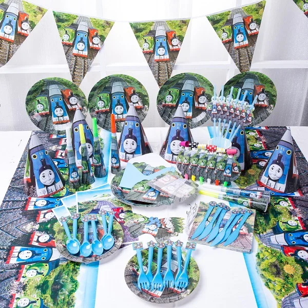 

Small train Theme Napkin Tablecloth Flags Birthday Party Decoration Kids Supplies Tableware Suit Paper Cup Plate Gift Bag Straw