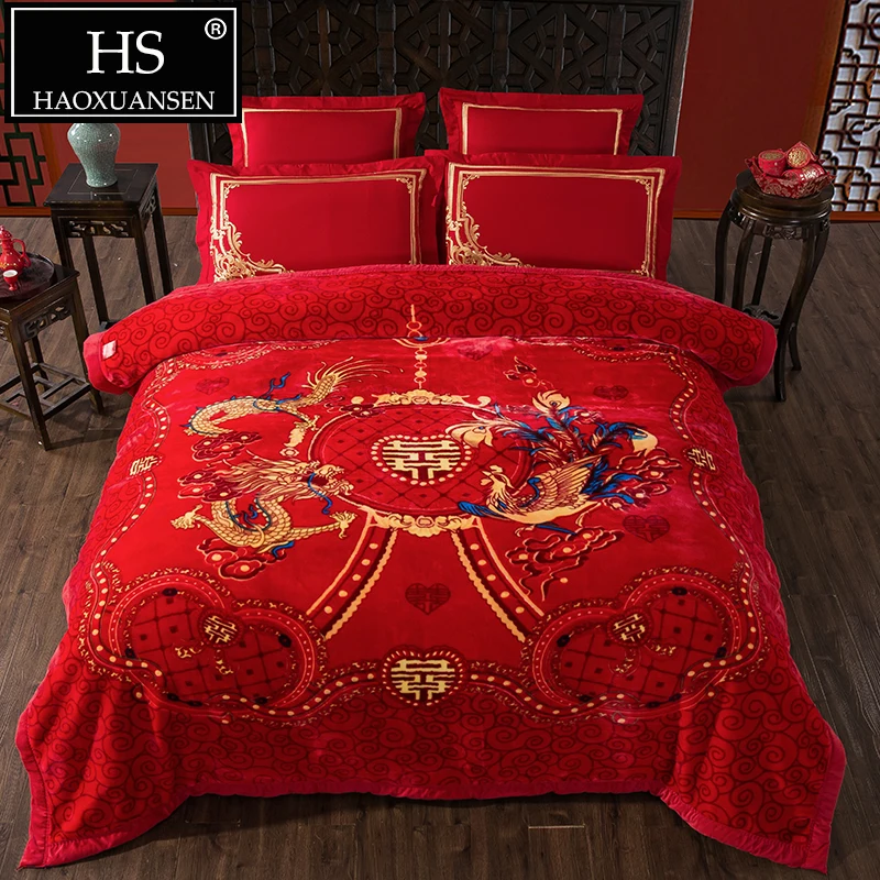 3.8 Kg Red Super Soft Dragon Phoenix Cloudy Blanket Double Layer Warm