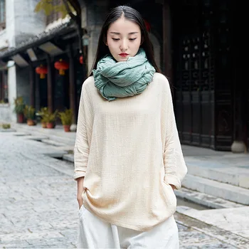 

Spring and Summer Women One Size Round Neck Long Sleeve Cotton Linen Batwing Sleeve Shirt New Retro Wild Casual Baggy Top