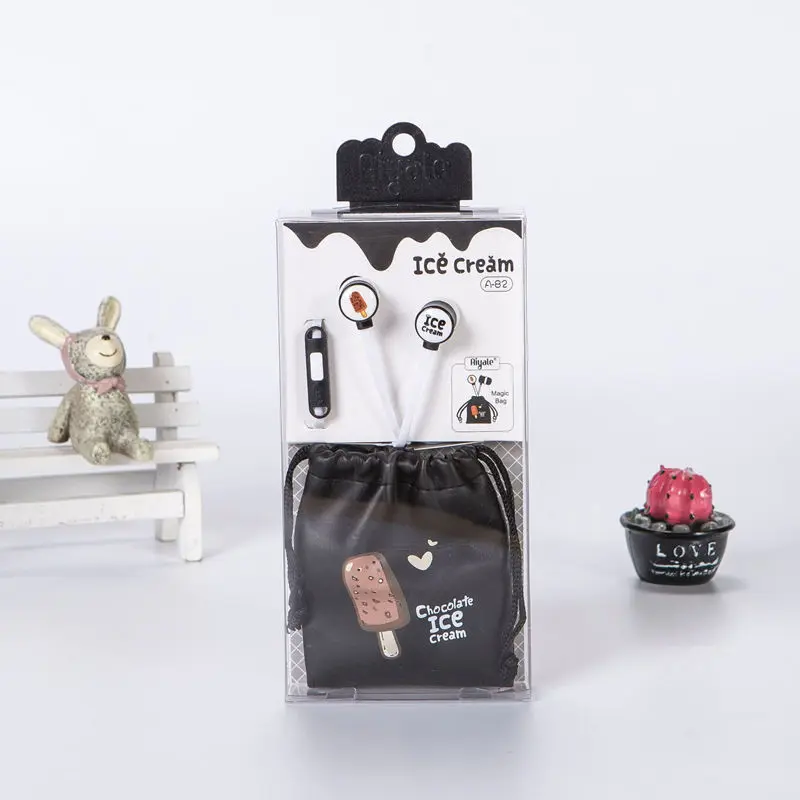 Милые Мультяшные наушники с мороженым, наушники-вкладыши 3,5 мм, сумка для хранения микрофона для мобильного телефона Xiaomi HuaWei, подарки для девочек - Цвет: Black With Package
