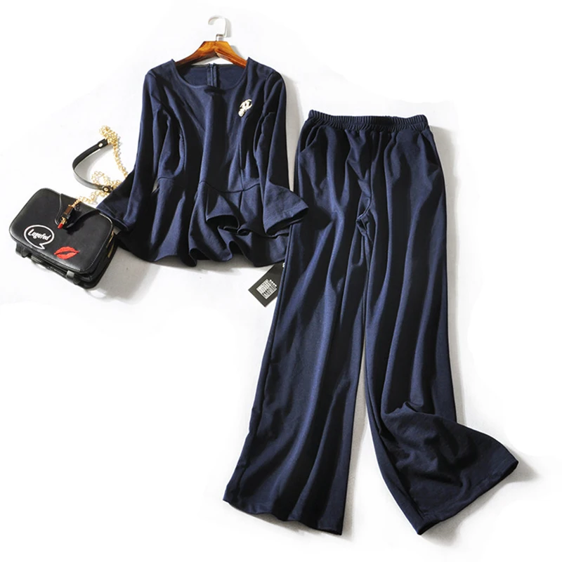 Women Long Sleeve O Neck Solid Ruffled T shirt Top + Long Casual Wide Leg Pant Suit Work Office