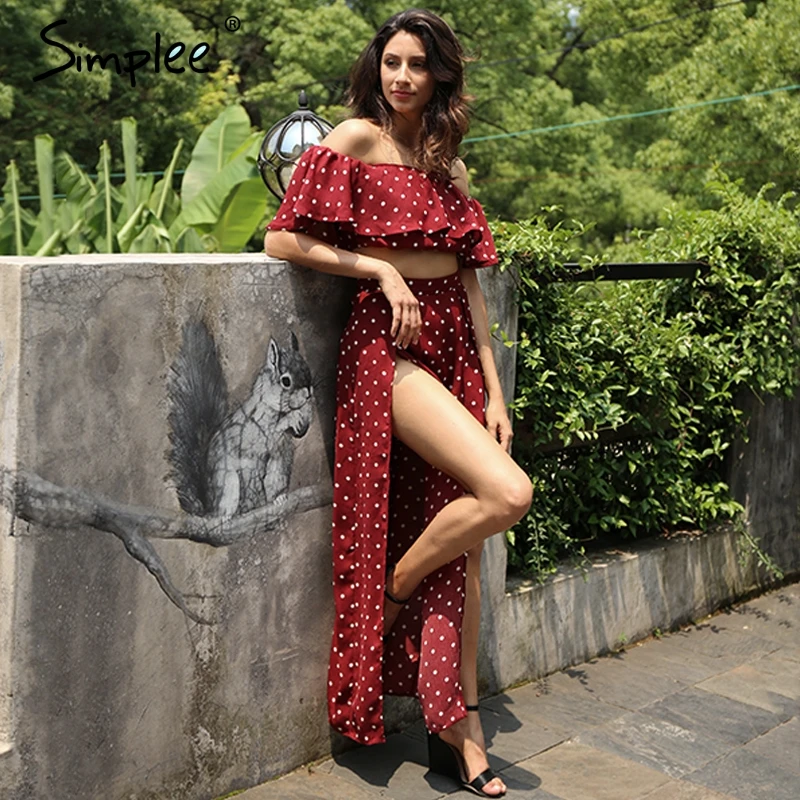 Simplee Off shoulder two piece polka dot long dress Women side split off wine red maxi long ruffle dress Chic slash neck dress