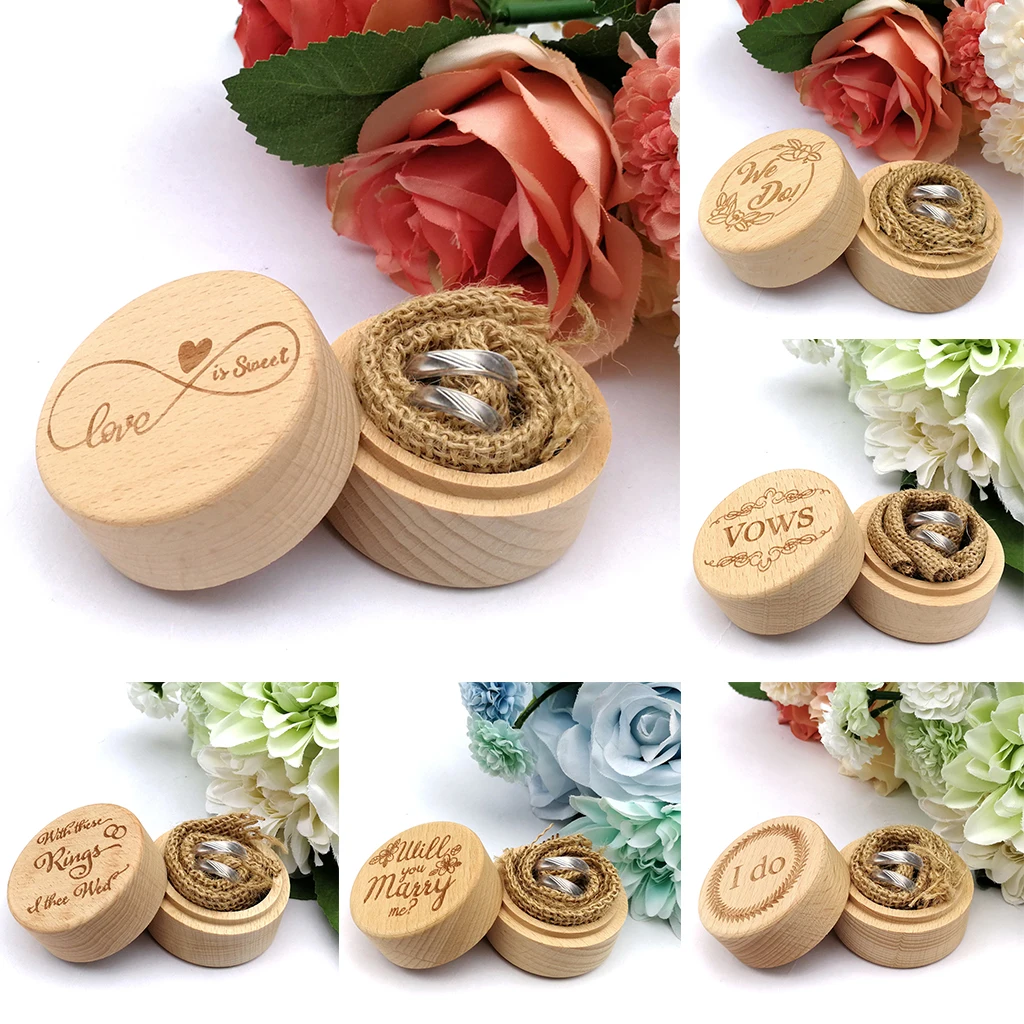 Wooden Ring Box Rustic Wedding Ring Holder Bearer with Delicate Pattern Letters for Ring Earrings Necklace Jewelry Gifts