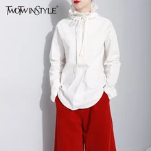 TWOTWINSTYLE с капюшоном Для женщин рубашка со шнуровкой и оборками, с длинным рукавом высокого Блузы с кулиской на талии размера плюс Весенняя мода Костюмы