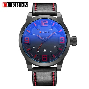 

CURREN 2018 Red Number Dial Blue Glass Military Men's Quartz Wristwatches Black Leather Belt Calendar Design Water Resistant
