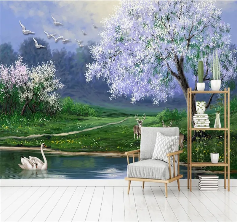 Customized wallpaper beautiful oil painting big tree elk swan TV background wall decoration waterproof material Customized wallpaper beautiful oil painting big tree elk swan TV background wall decoration waterproof material