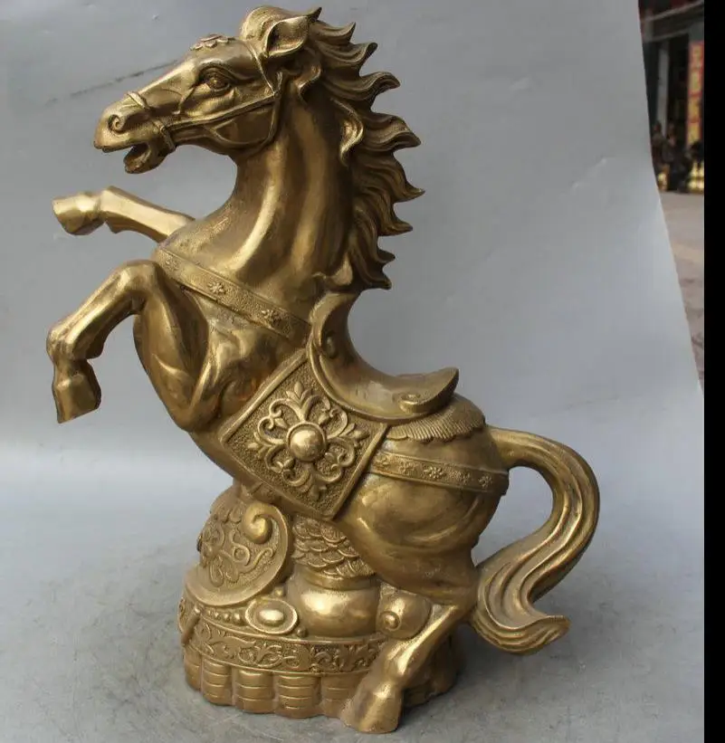 

671116510+++16" Chinese Folk Feng Shui Brass Wealth Zodiac Year Horse Money Statue Sculpture